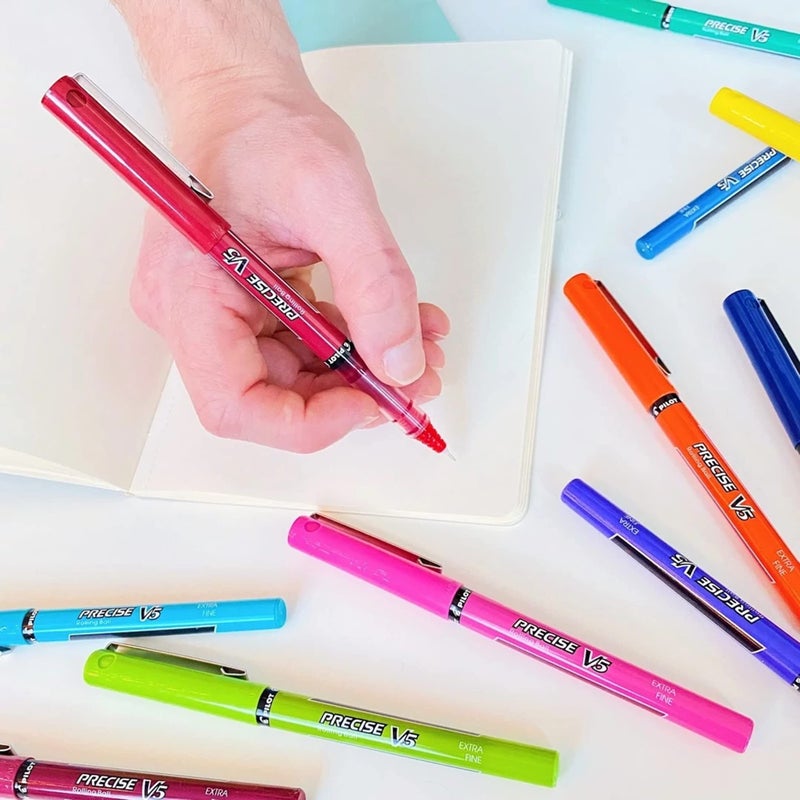 PILOT أقلام رولربول قابلة لإعادة التعبئة وسهلة السحب من بايلوت Precise V5 RT، أقلام ذات نقطة دقيقة جداً 0.5 مم، زرقاء، عبوة من 8 - مثالية للمدرسة، الكتابة في المذكرات وكتابة المكتب - Image 4